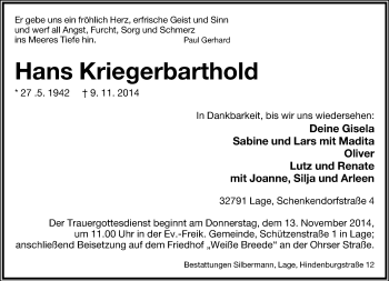 Anzeige  Hans Kriegerbarthold  Lippische Landes-Zeitung
