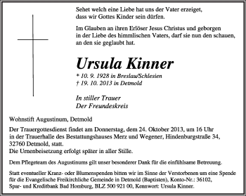Anzeige  Ursula Kinner  Lippische Landes-Zeitung