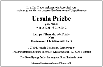 Anzeige  Ursula Priebe  Lippische Landes-Zeitung