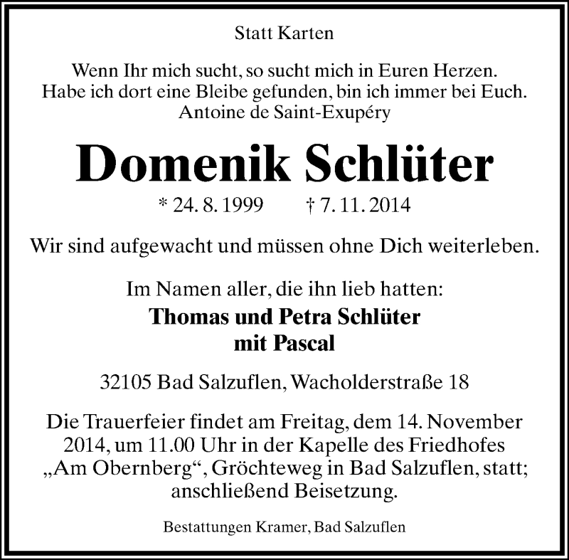  Traueranzeige für Domenik Schlüter vom 11.11.2014 aus Lippische Landes-Zeitung