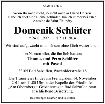 Anzeige  Domenik Schlüter  Lippische Landes-Zeitung