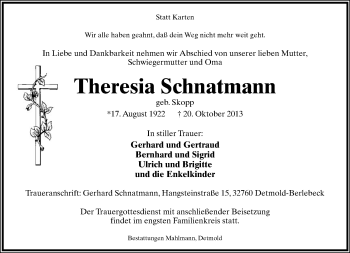 Anzeige  Theresia Schnatmann  Lippische Landes-Zeitung