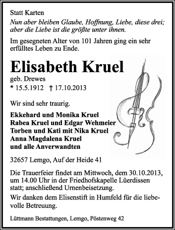 Anzeige  Elisabeth Kruel  Lippische Landes-Zeitung