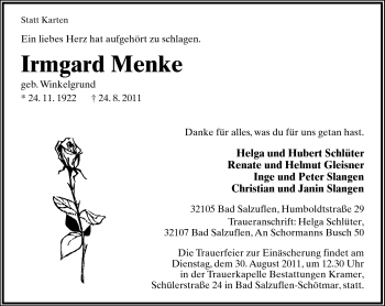 Anzeige  Irmgard Menke  Lippische Landes-Zeitung