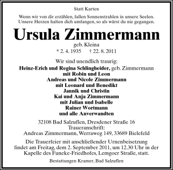 Anzeige  Ursula Zimmermann  Lippische Landes-Zeitung