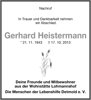 Anzeige  Gerhard Heistermann  Lippische Landes-Zeitung