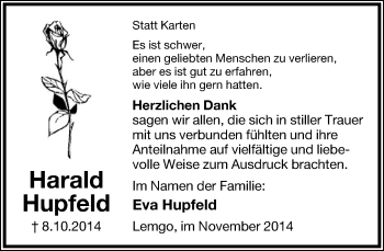 Anzeige  Harald Hupfeld  Lippische Landes-Zeitung