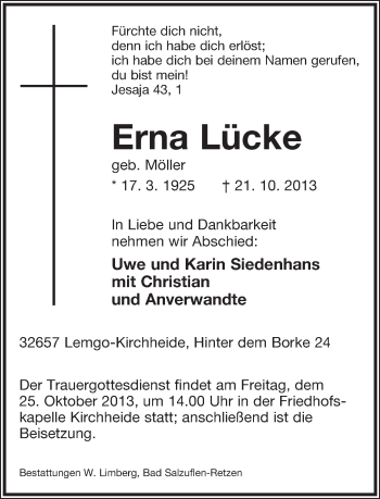 Anzeige  Erna Lücke  Lippische Landes-Zeitung