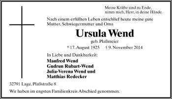 Anzeige  Ursula Wend  Lippische Landes-Zeitung