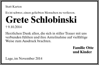 Anzeige  Grete Schlobinski  Lippische Landes-Zeitung