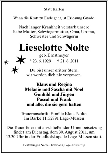 Anzeige  Lieselotte Nolte  Lippische Landes-Zeitung