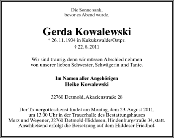 Anzeige  Gerda Kowalewski  Lippische Landes-Zeitung