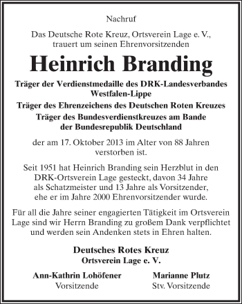 Anzeige  Heinrich Branding  Lippische Landes-Zeitung