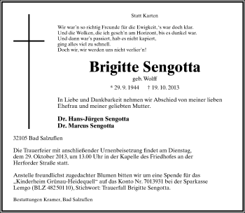 Anzeige  Brigitte Sengotta  Lippische Landes-Zeitung