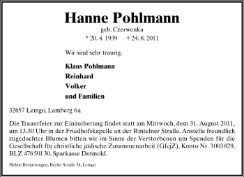 Anzeige  Hanne Pohlmann  Lippische Landes-Zeitung