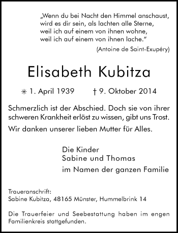 Anzeige  Elisabeth Kubitza  Lippische Landes-Zeitung