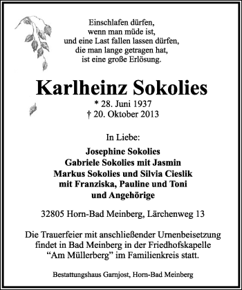Anzeige  Karlheinz Sokolies  Lippische Landes-Zeitung