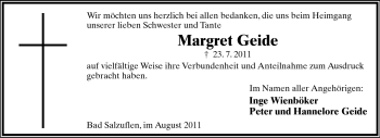 Anzeige  Margret Geide  Lippische Landes-Zeitung