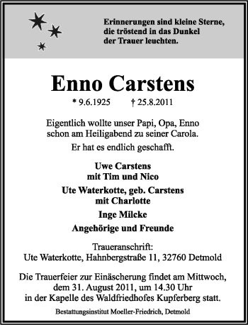 Anzeige  Enno Carstens  Lippische Landes-Zeitung