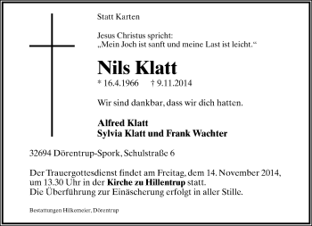 Anzeige  Nils Klatt  Lippische Landes-Zeitung