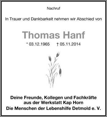 Anzeige  NR Thomas Hanf   Lippische Landes-Zeitung