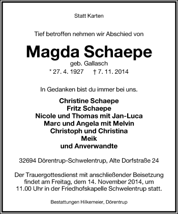 Anzeige  Magda Schaepe  Lippische Landes-Zeitung