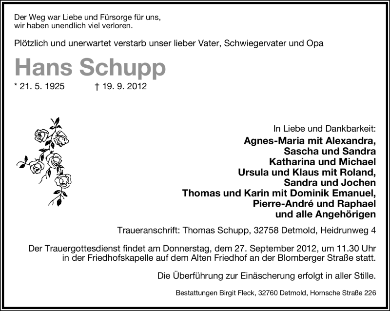  Traueranzeige für Hans Schupp vom 25.09.2012 aus Lippische Landes-Zeitung