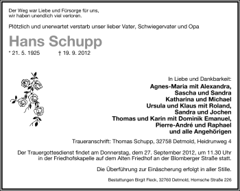 Anzeige  Hans Schupp  Lippische Landes-Zeitung