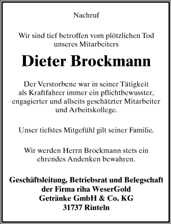 Anzeige  Dieter Brockmann  Lippische Landes-Zeitung