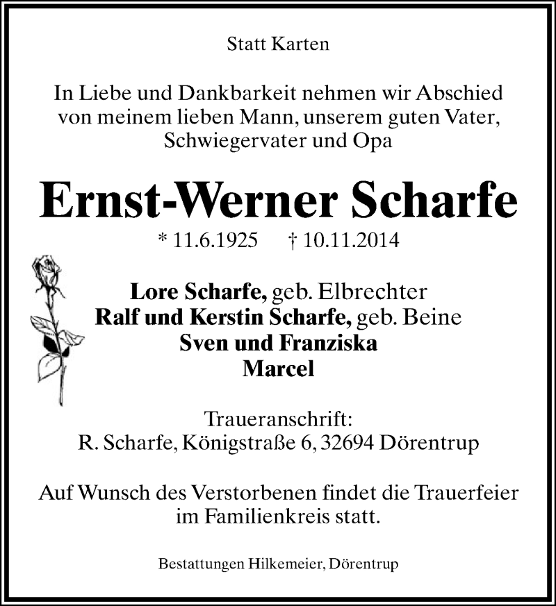  Traueranzeige für Ernst-Werner Scharfe vom 12.11.2014 aus Lippische Landes-Zeitung