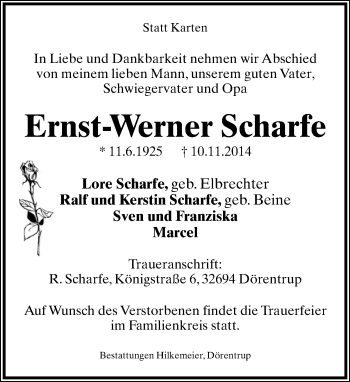 Anzeige  Ernst-Werner Scharfe  Lippische Landes-Zeitung