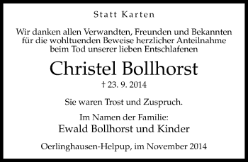 Anzeige  Christel Bollhorst  Lippische Landes-Zeitung