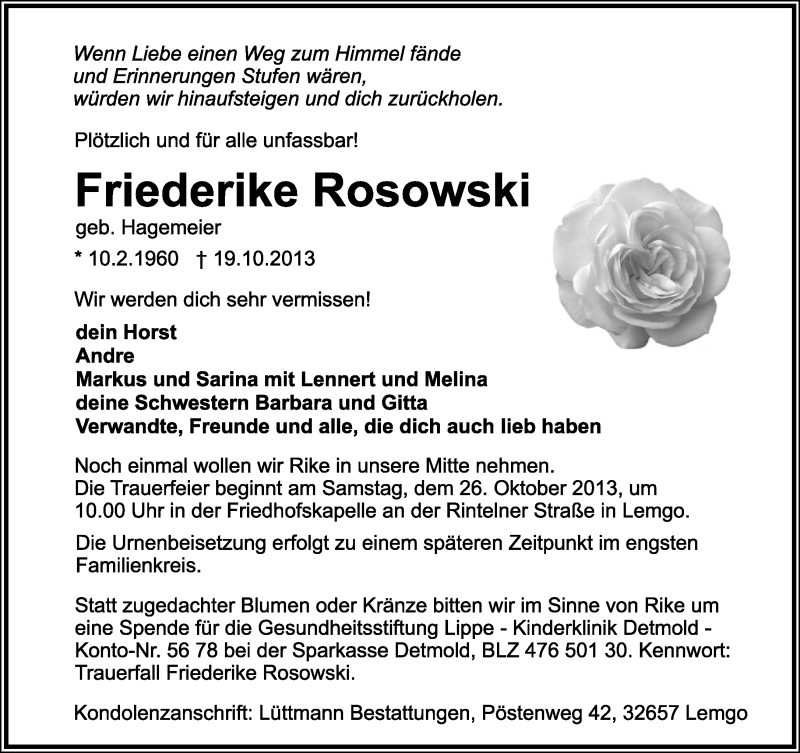  Traueranzeige für Friederike Rosowski vom 23.10.2013 aus Lippische Landes-Zeitung