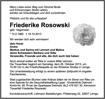 Anzeige  Friederike Rosowski  Lippische Landes-Zeitung