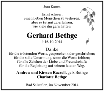 Anzeige  Gerhard Bethge  Lippische Landes-Zeitung