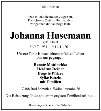 Anzeige  Johanna Husemann  Lippische Landes-Zeitung
