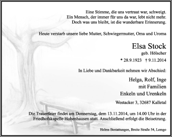 Anzeige  Elsa Stock  Lippische Landes-Zeitung