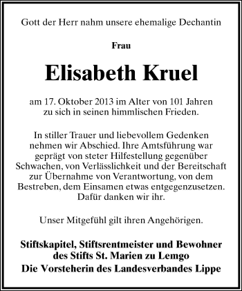 Anzeige  Elisabeth Kruel  Lippische Landes-Zeitung