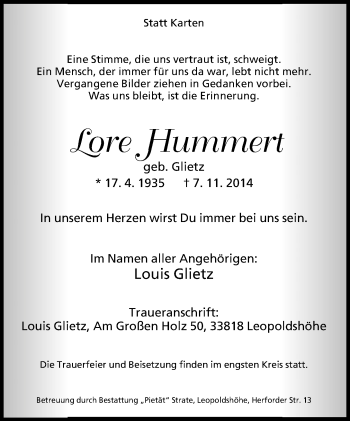 Anzeige  Lore Hummert  Lippische Landes-Zeitung