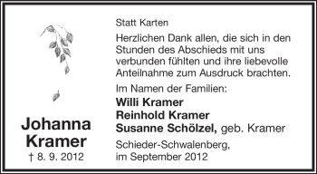 Anzeige  Johanna Kramer  Lippische Landes-Zeitung