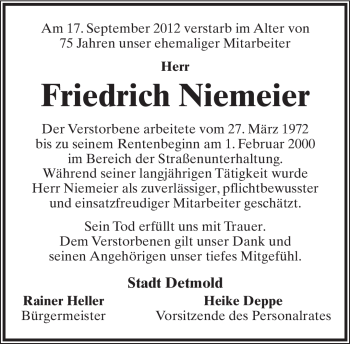 Anzeige  Friedrich Niemeier  Lippische Landes-Zeitung