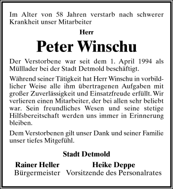 Anzeige  Peter Wischu  Lippische Landes-Zeitung