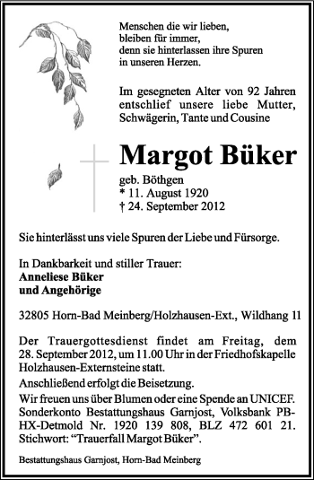 Anzeige  Margot Büker  Lippische Landes-Zeitung