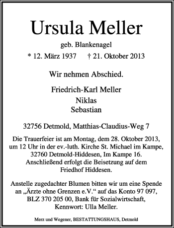 Anzeige  Ursula Meller  Lippische Landes-Zeitung