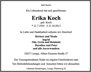 Anzeige  Erika Koch  Lippische Landes-Zeitung