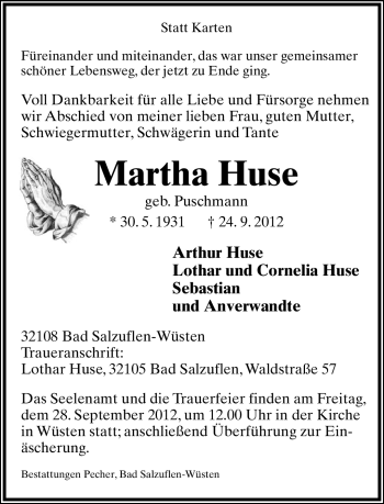 Anzeige  Martha Huse  Lippische Landes-Zeitung