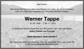 Anzeige  Werner Tappe  Lippische Landes-Zeitung