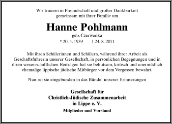 Anzeige  Hanne Pohlmann  Lippische Landes-Zeitung