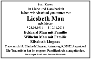 Anzeige  Liesbeth Mau  Lippische Landes-Zeitung