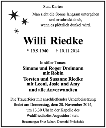 Anzeige  Willi Riedke  Lippische Landes-Zeitung